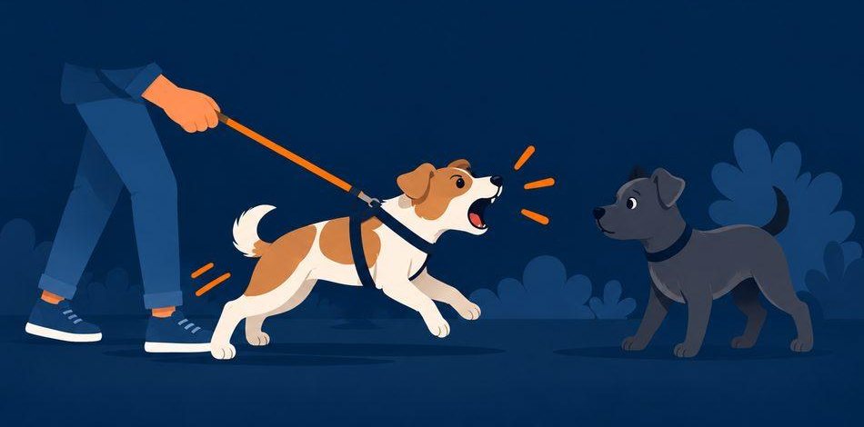 Ilustração de um cão na guia avançando e latindo para outro cão durante o passeio