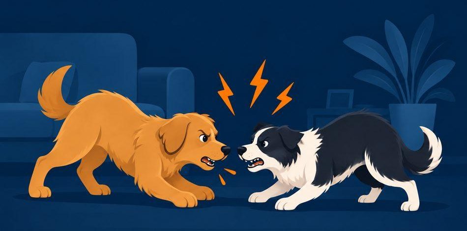 Ilustração de dois cães da mesma casa rosnando um para o outro na sala