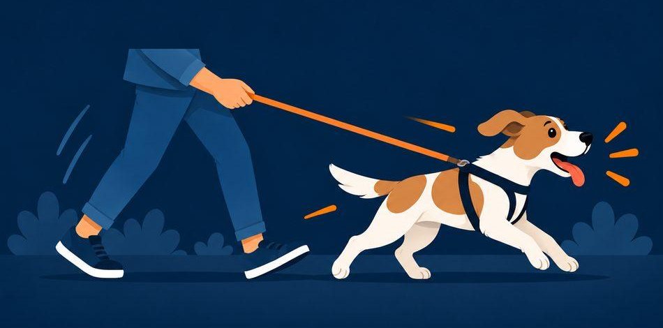 Ilustração de um cão puxando com força a guia e arrastando o tutor no passeio