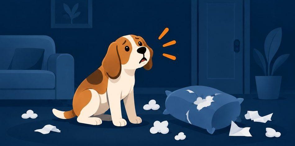 Ilustração de um cão sozinho na sala ao lado de uma almofada destruída